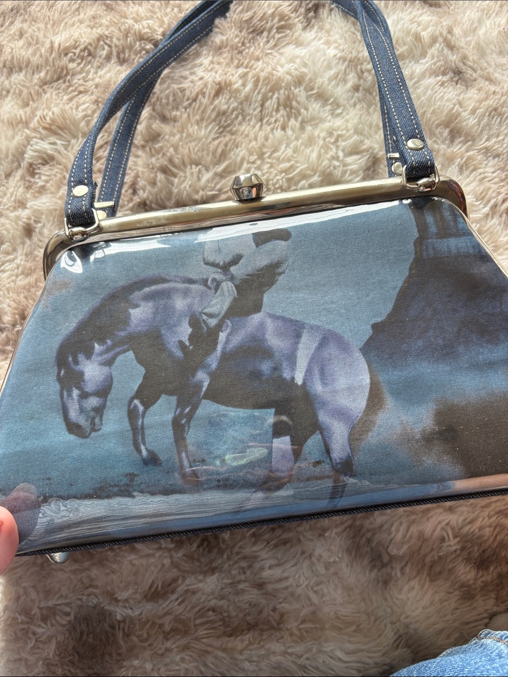 Blue Horse-Print Frame Clutch with Denim Straps